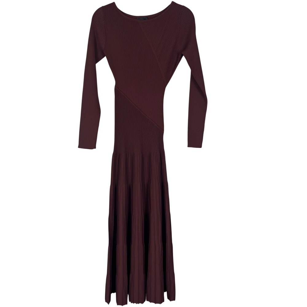 Line & Dot Ribbed Knit Midi Dress Brown Fit & Flare Long Sleeve Small 237